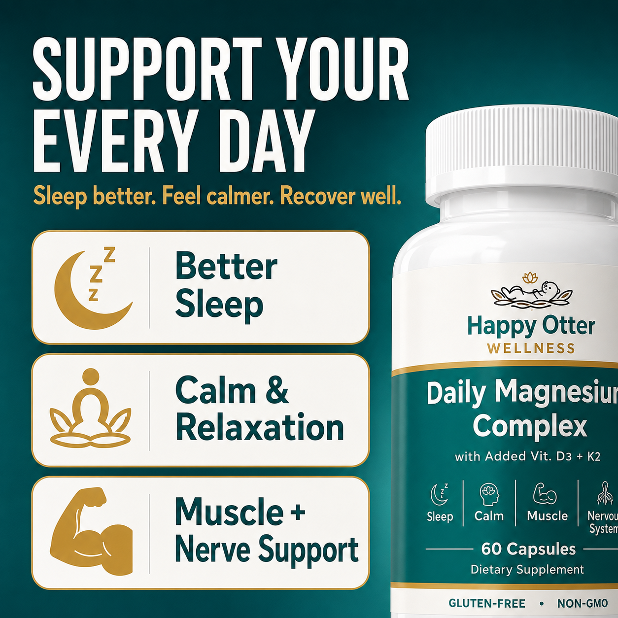 A bottle of Happy Otter Wellness Daily Magnesium Complex dietary supplement shown on a dark teal promotional background with large marketing text and benefit icons for sleep, calm/relaxation, and muscle nerve support.