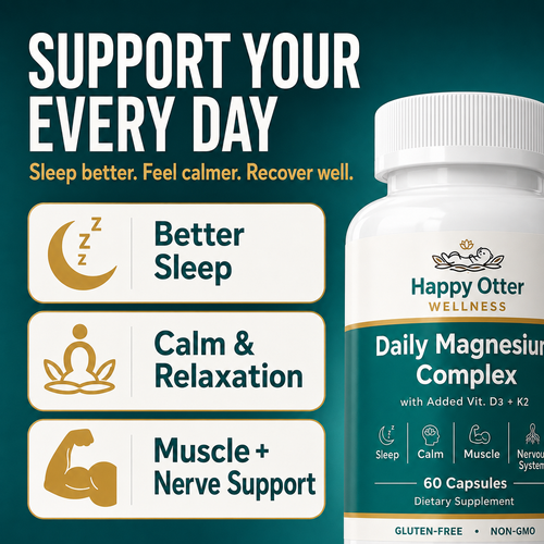 A bottle of Happy Otter Wellness Daily Magnesium Complex dietary supplement shown on a dark teal promotional background with large marketing text and benefit icons for sleep, calm/relaxation, and muscle nerve support.