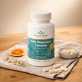 Happy Otter Wellness Daily Magnesium Complex supplement bottle on a wooden surface with an orange slice and capsules.