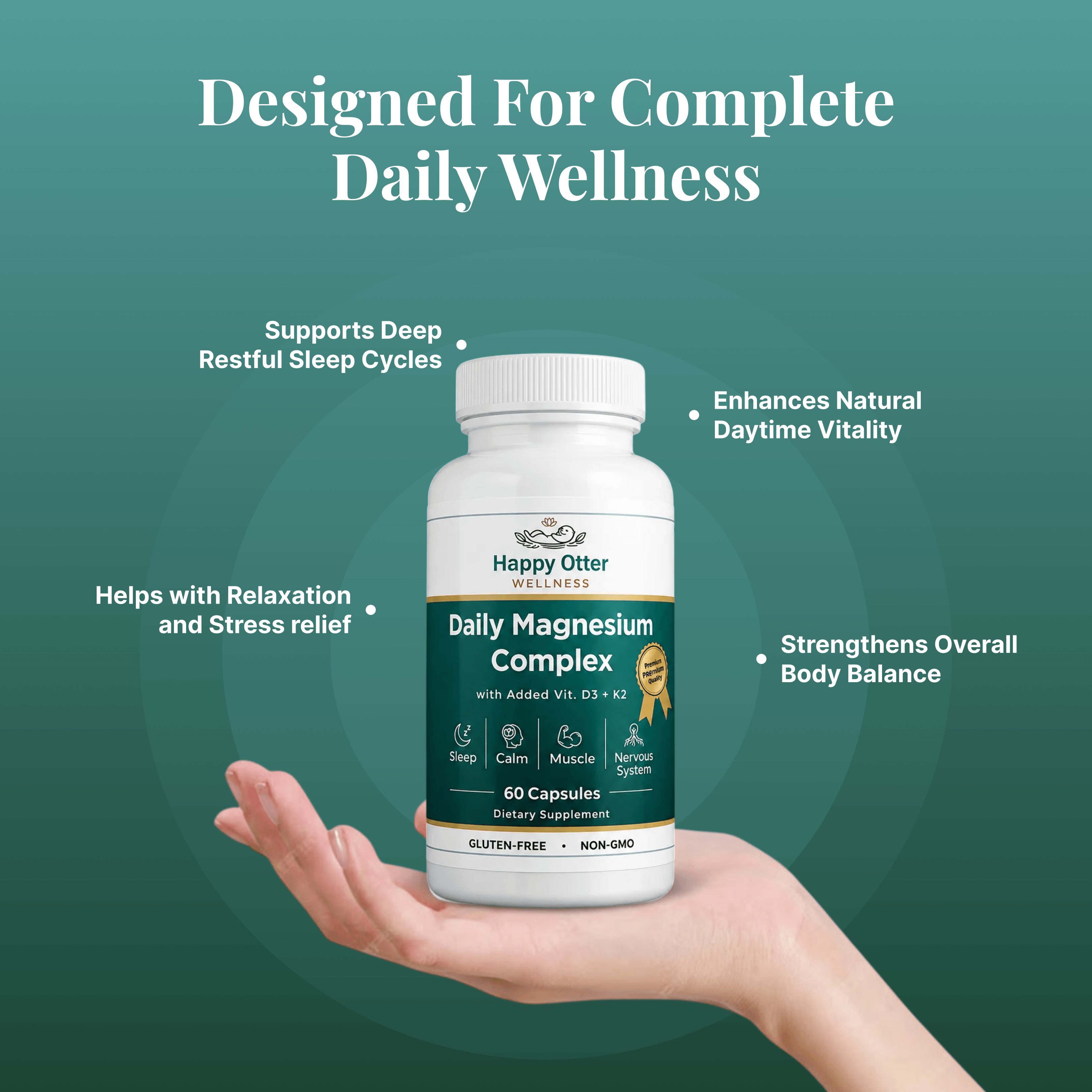 A hand holding a white bottle of Happy Otter Wellness Daily Magnesium Complex against a teal background with white text highlighting benefits for sleep, stress relief, and overall body balance.