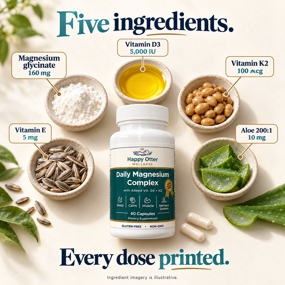 A bottle of Happy Otter Daily Magnesium Complex centered on a light cream background, surrounded by labeled ingredient bowls including magnesium glycinate powder, Vitamin D3 oil, Vitamin K2 powder, Vitamin E seeds, and aloe vera slices. Large headline text reads 'Five ingredients.